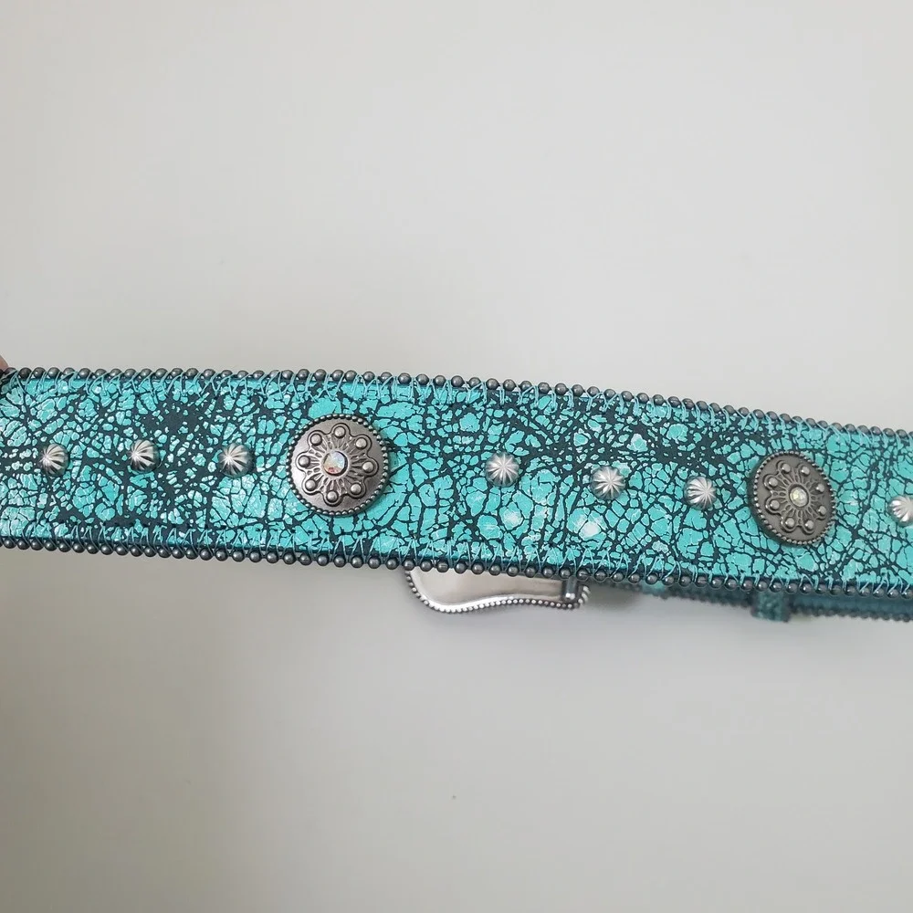 Roper Womens Turquoise Crackle Leather Western Belt Floral Buckle Size L 8486790